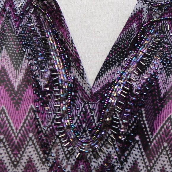 Catherine's by Maggie Barnes Purple Chevron Sheer Chiffon Beaded V-Neck Tunic 2X - Picture 3 of 7